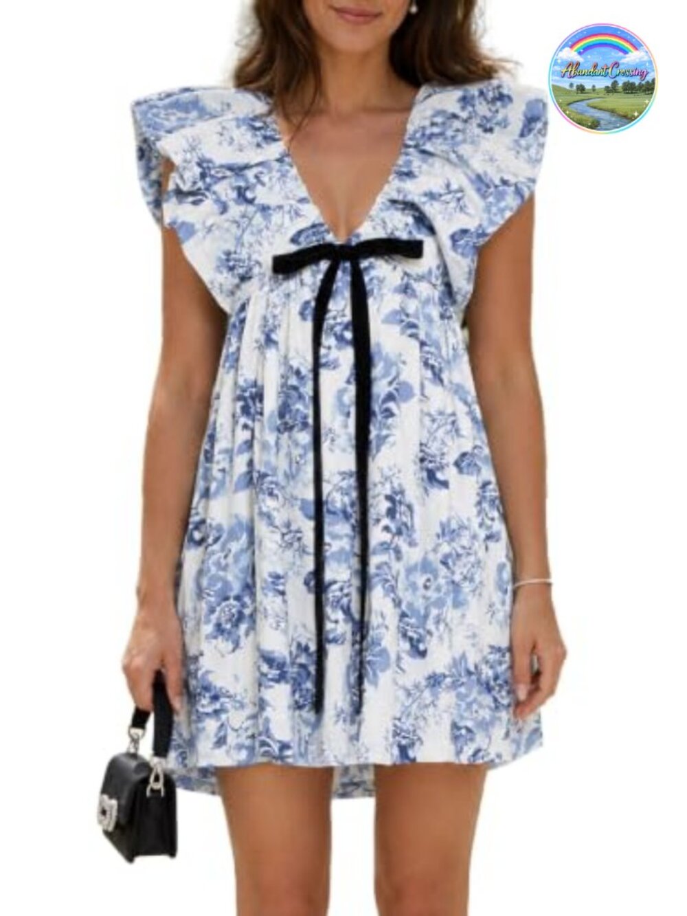 Floral Mini Dress Ruffle Sleeve V Neck Bow Tie Babydoll Puff Sleeve